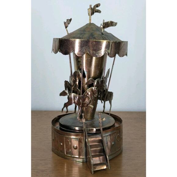 Vintage Copper Wind-Up Musical Carousel Horses 1960s MCM Music Home Decor Gift - Picture 2 of 12